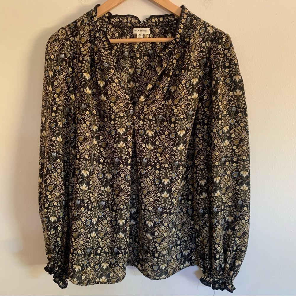 Max Studio Long Sleeve Floral Blouse V-Neck with Small Ruffle at Neckline
